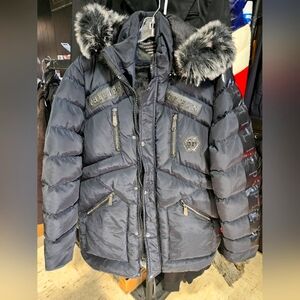 Philipp Plein Black Puffer Jacket with Fur Hood(Removeble)